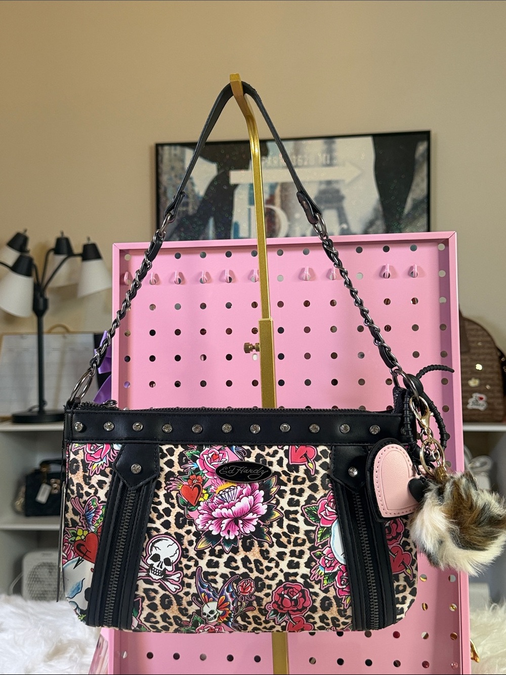 Ed Hardy Floral Leopard Print Shoulder Bag with Heart Charm - Black Trim
